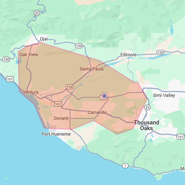Map of the local delivery area including Oak View, Santa Paula, Oxnard, Ventura, Camarillo, Moorpark and more.